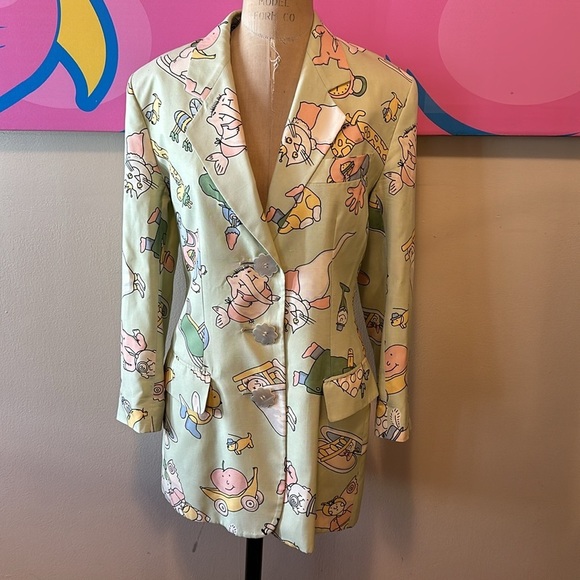 Moschino Couture Cat Dog Baby Cartoon Mint Green Silk Blazer Jacket Vint… - Picture 2 of 16